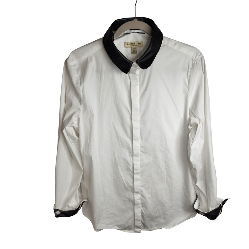 Burberry Womens White Long Sleeve Shirt Lamb Leather Detachable Collar Size 14